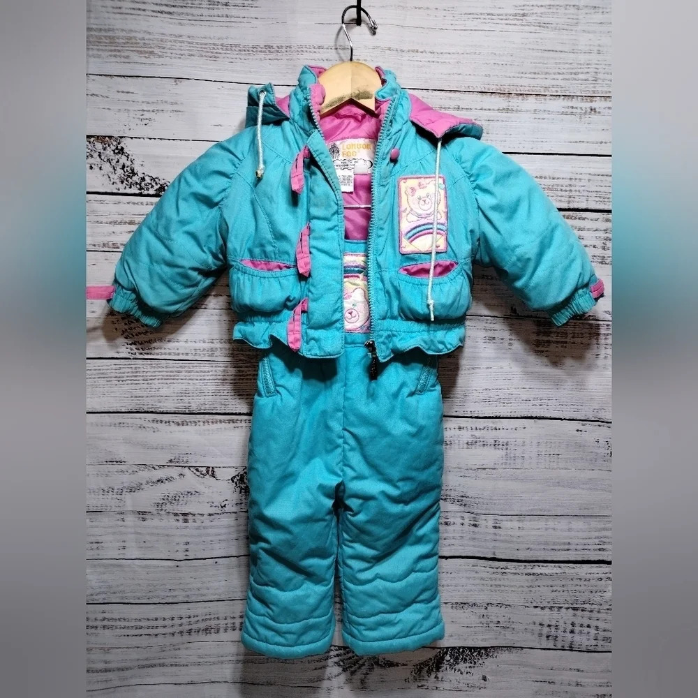 London‎ Fog 90s Teal Pink Colorblock Snowsuit Set 18M Toddler Bib Pants & Puffer